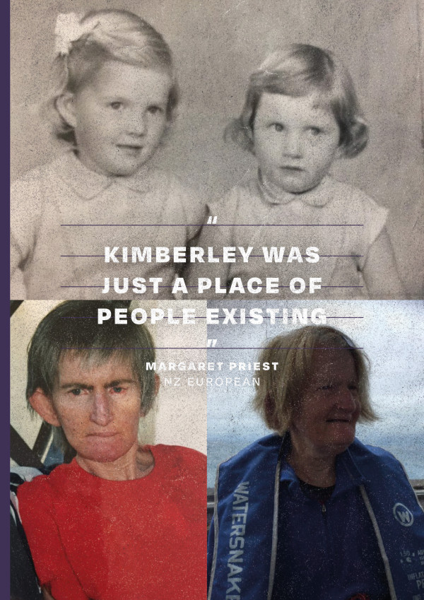 Three images showing Irene Priest. In the top half we see on the Margaret Priest on the left and Irene on the right as young girls in matching dresses with chin-length shiny hair. The bottom left-hand photo shows Irene just after leaving the Kimberley Centre in the mid-2000s. Irene has short dark hair, bloodshot red eyes, and is wearing a red jersey. In the bottom right we see Irene in January 2021. She is smiling and wearing a blue life jacket.