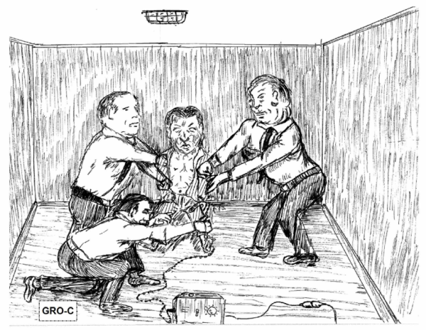 Sketch drawing of a boy being given electric shocks by a man while two other men hold him still.