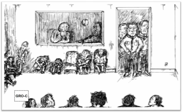 Sketch drawing of patients waiting in a room to receive electric shocks.  Adult men are standing in the door and looking through the window.