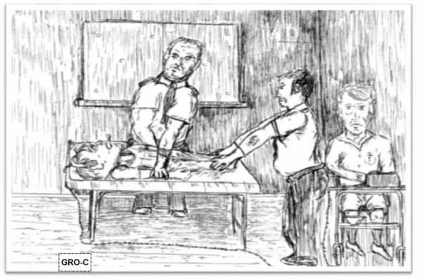 Sketch drawing of a boy laying on a table.  Two men are holding him down and another man is at a machine to give the electric shocks.