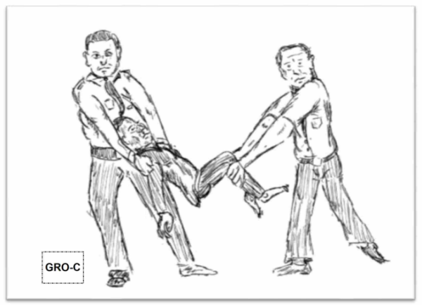 Sketch drawing of two men carrying a boy who looks like he is unable to move after receiving electric shocks