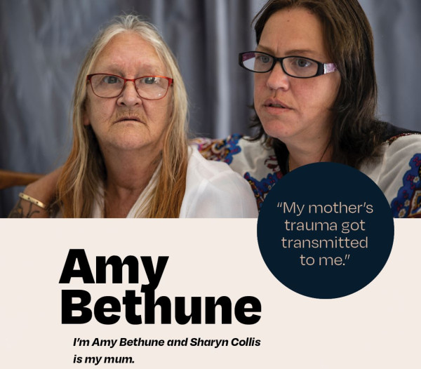 Photo of Ms Sharyn Collis and her daughter Amy Bethune. Ms Collis has long blonde hair and is wearing red-rimmed glasses. Amy has shoulder length dark hair and is wearing purple rimmed glasses.