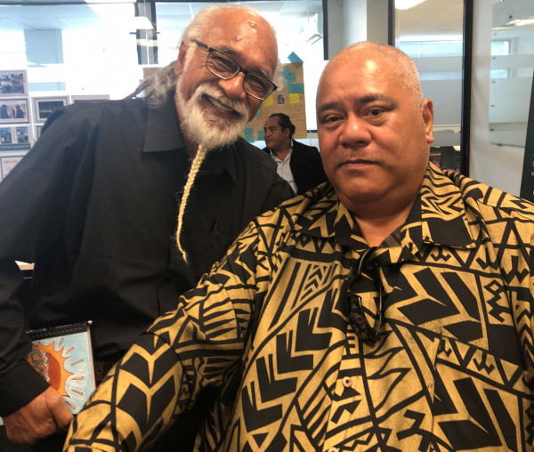 Reggae artist and Niuean New Zealand activist Tigilau Ness (left) and Commission Senior Pasefika Engagement Advisor Fonoti Pati Umaga at the Pasefika fono in Auckland.