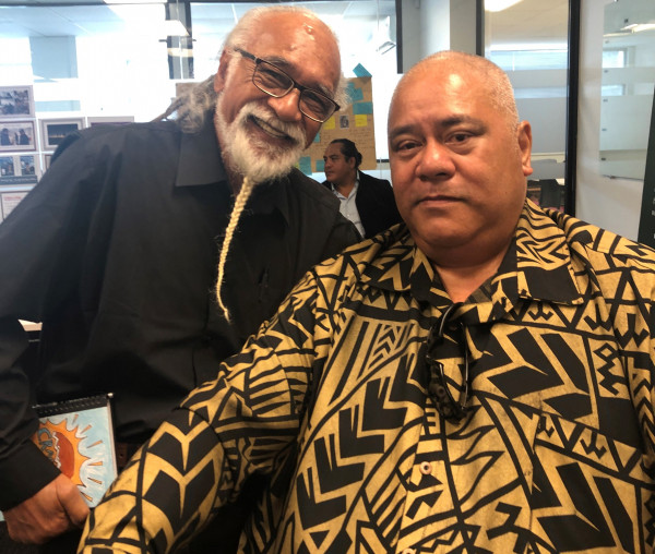 Pati with Tigilau at fono Reggae artist and Niuean New Zealand activist Tigilau Ness (left) and Commission Senior Pasefika Engagement Advisor Fonoti Pati Umaga at the Pasefika fono in Auckland.