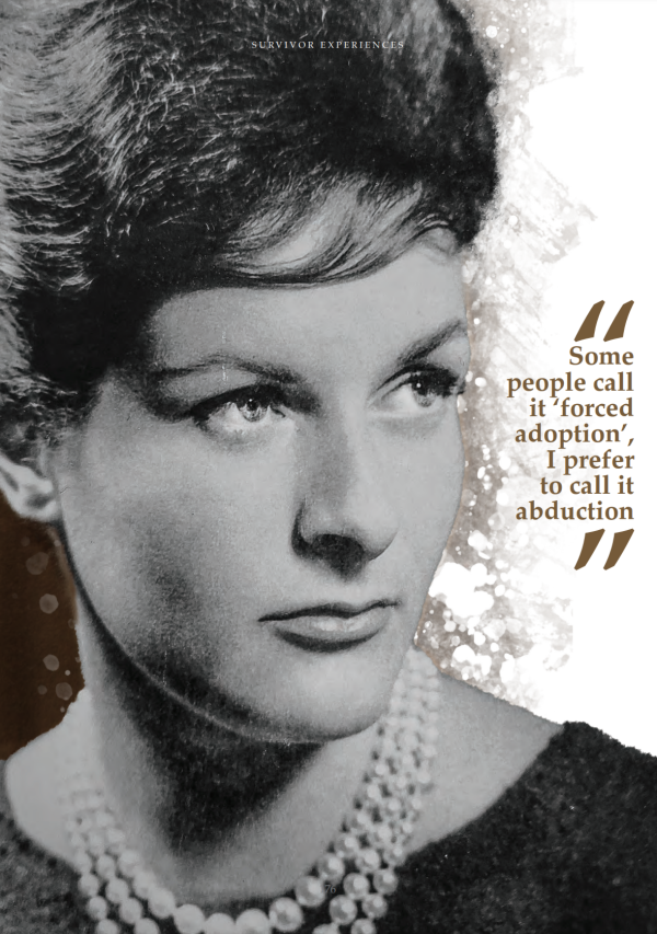 Black and white image of Maggie Wilkinson wearing a dark top and a three string pearl necklace
